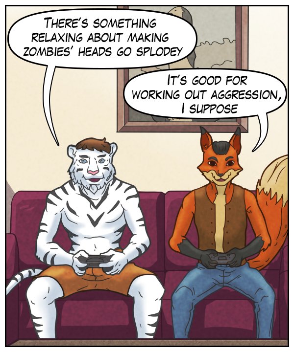 Theo: “There’s something relaxing about making zombie’s heads go splodey.” Lightfoot: “It’s good for working out aggression, I suppose.”